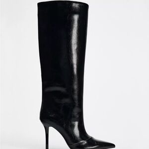 Zara Black Patent Leather Knee-High Women's Stiletto Heel Boots